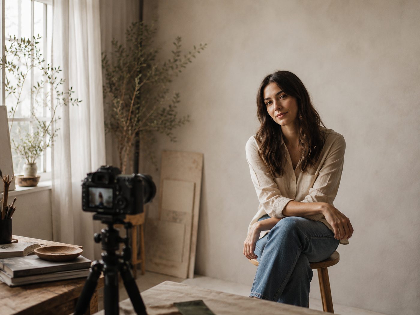 Natural light headshot studio setup with camera, stool, neutral backdrop, and warm creative space