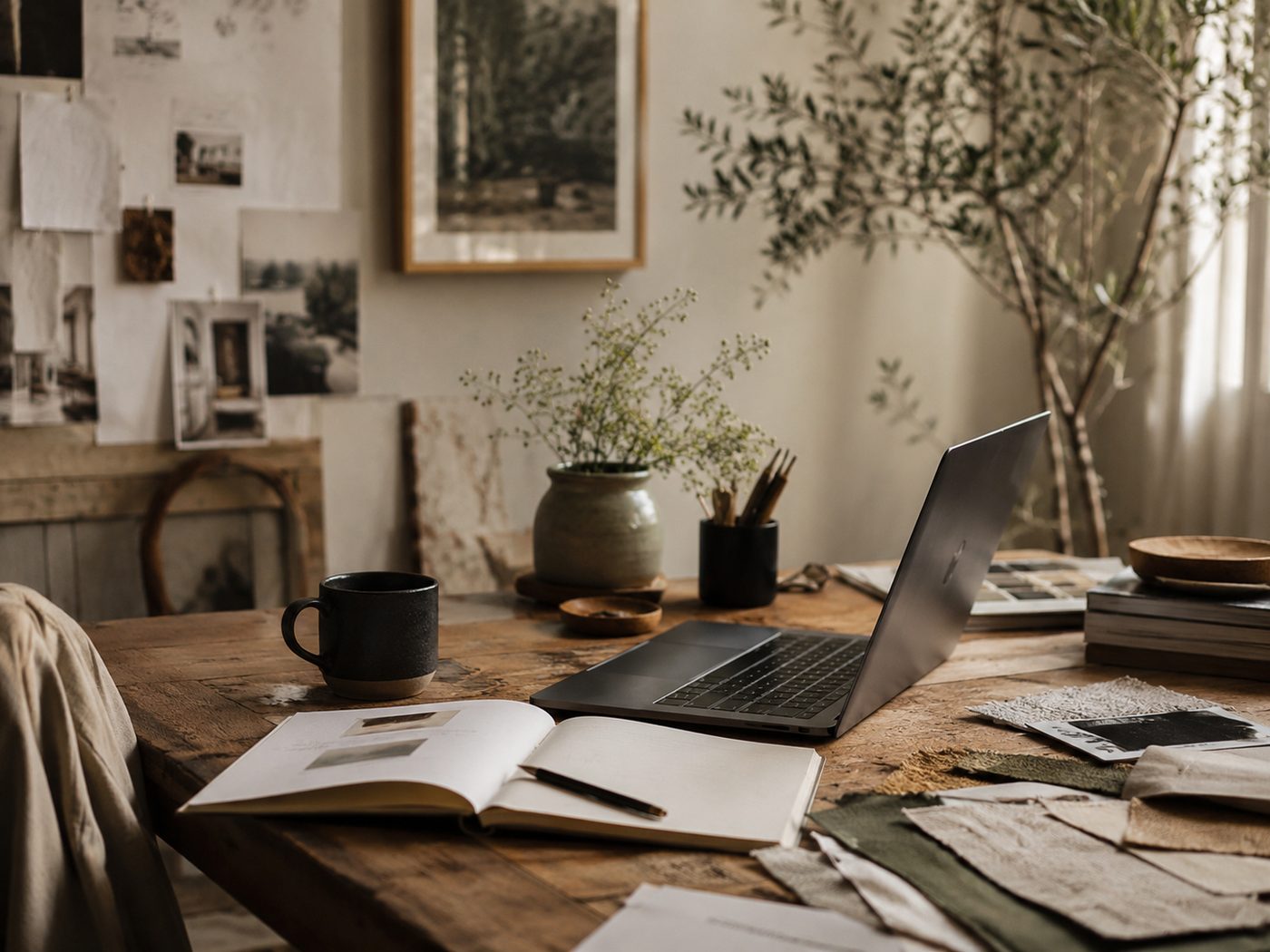 Warm creative workspace with laptop, notebook, paper swatches, and design materials for M. Morgan Design