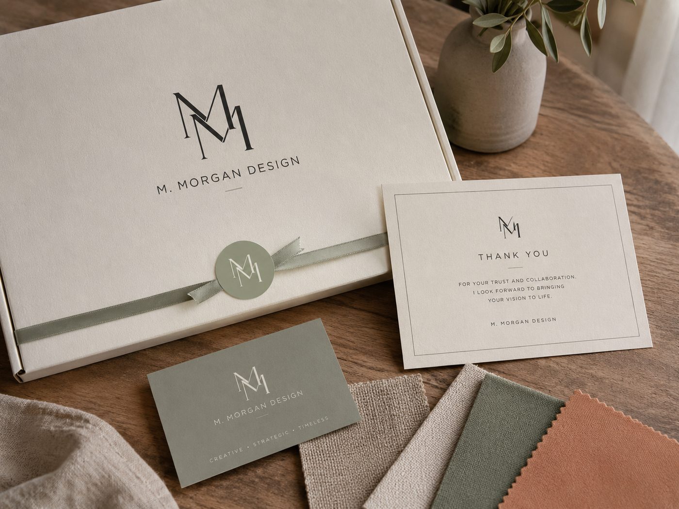 M. Morgan Design client delivery package with thank-you card, business card, fabric swatches, and branded box