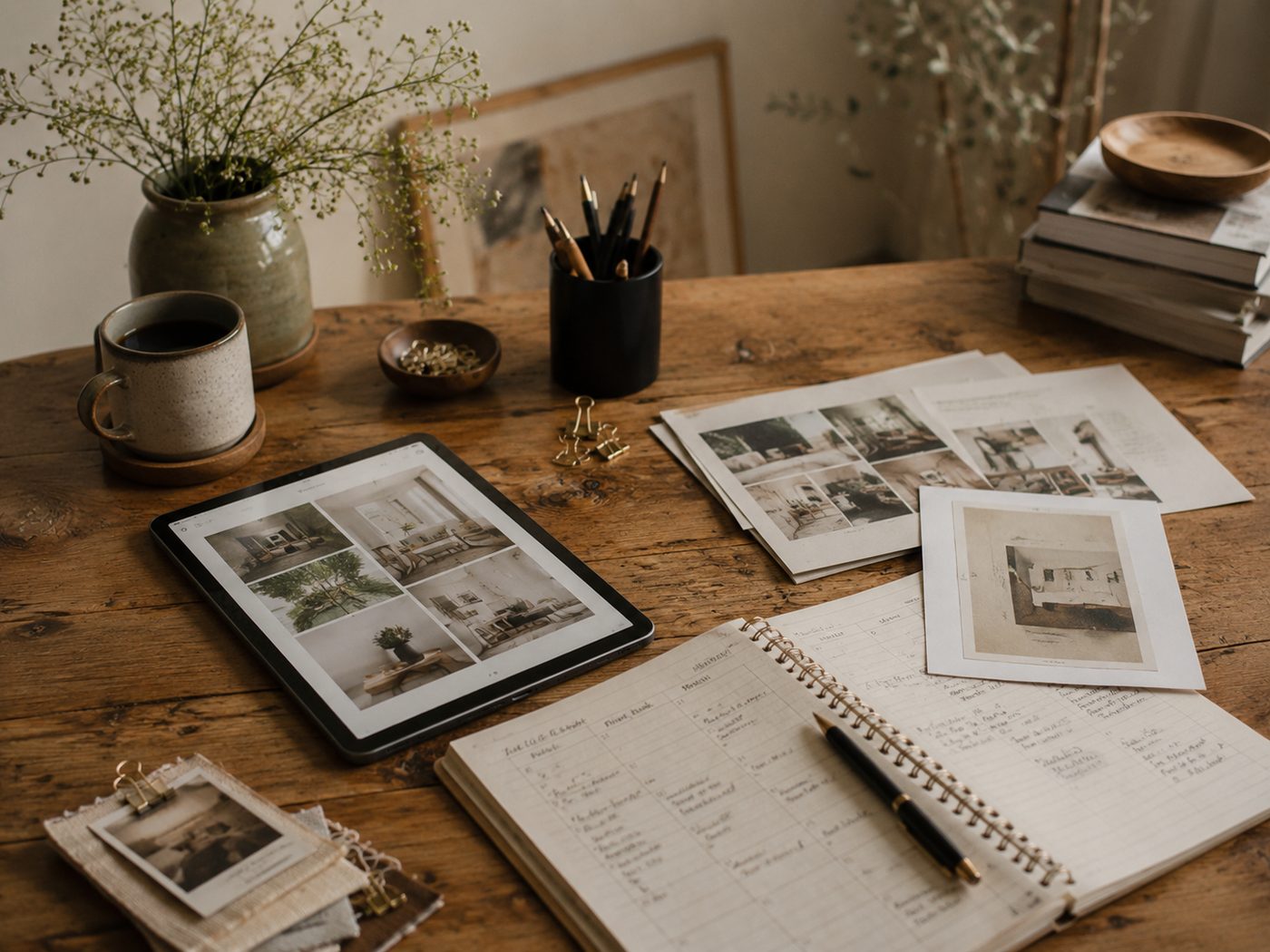 Small business marketing planning workspace with tablet, printed content layouts, notes, and campaign materials