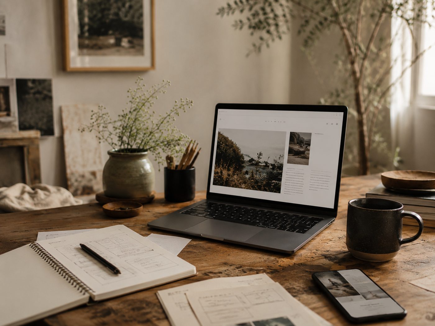 Web design and hosting workspace showing a laptop with website layouts, wireframe sketches, phone, and notebook for a Lafayette small business website