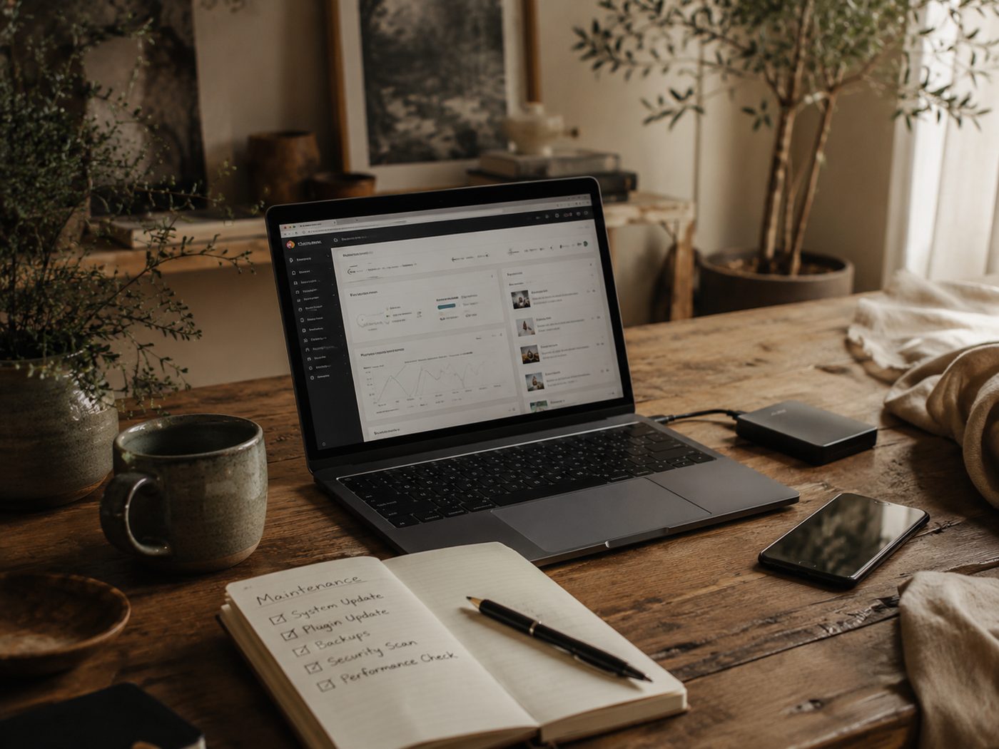 Website hosting and maintenance workspace with laptop dashboard, update checklist, phone, and notebook